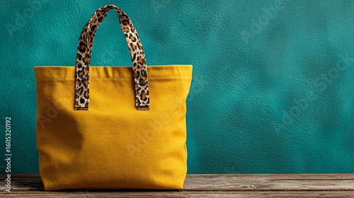 Bright yellow tote bag with leopard print straps on a wooden table against a blue background