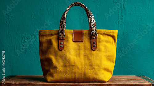 Colorful yellow handbag with leopard print handles displayed on wooden surface against a teal wall