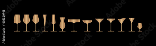 Various golden gradient alcohol cocktail glasses bar set. Isolated Glasses of wine, cocktails. Vector illustration. EPS10