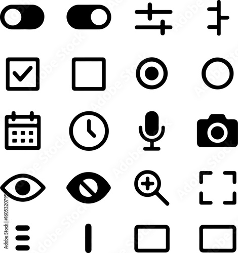 A grid of essential user interface icons featuring toggles checkboxes clocks cameras and more for digital design applications