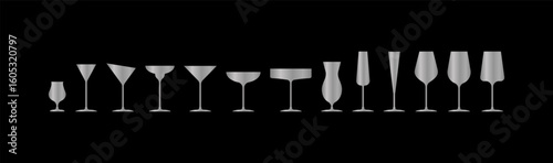 Various silver gradient alcohol cocktail glasses bar set. Isolated Glasses of wine, cocktails. Vector illustration. EPS10