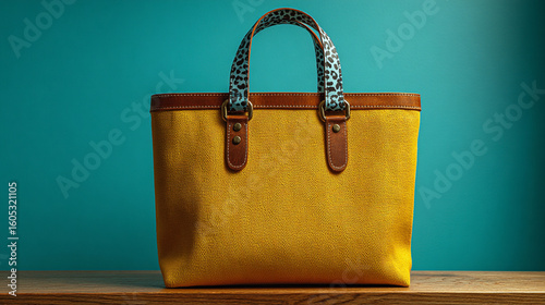 Stylish yellow tote bag with animal print straps placed on wooden table against aqua background