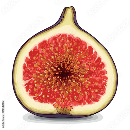 Ripe fig slice with vibrant red center and textured details. Vector illustration