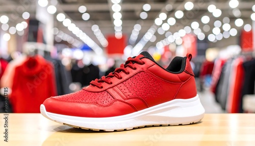 Red sneakers on display in a store