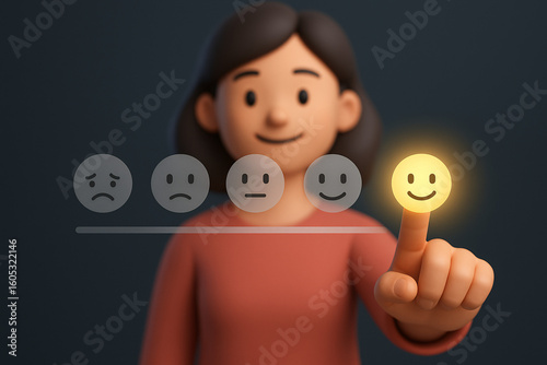 Smiling woman selecting happy face on customer satisfaction rating scale, emotional feedback concept with glowing smiley icon
