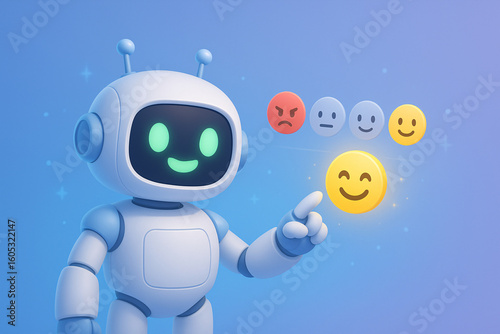 Cute robot choosing happy emoji on emotional rating scale, symbolizing AI feedback, positive interaction and user satisfaction on futuristic blue background
