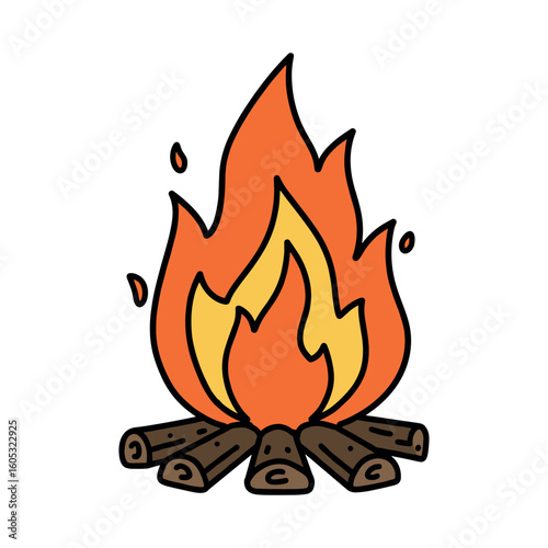 Campfire drawing with flames and wood logs. Vector illustration