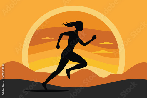 Black silhouette of a woman running against a stylized sunrise