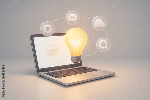 Glowing light bulb emerging from laptop screen surrounded by digital icons representing innovation, communication, cloud computing and technology

