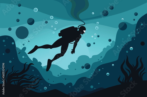 Black silhouette of a diver swimming underwater with bubbles