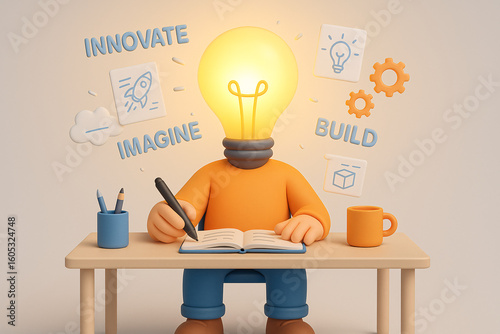 Creative character with lightbulb head writing in notebook, surrounded by innovation and imagination icons, symbolizing brainstorming and idea development
