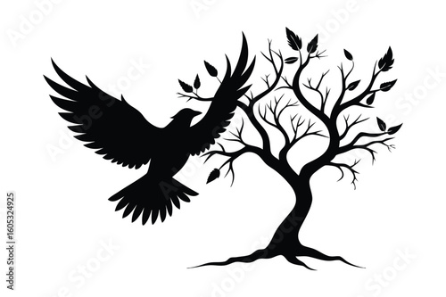 Black silhouette of a bird taking flight from a tree