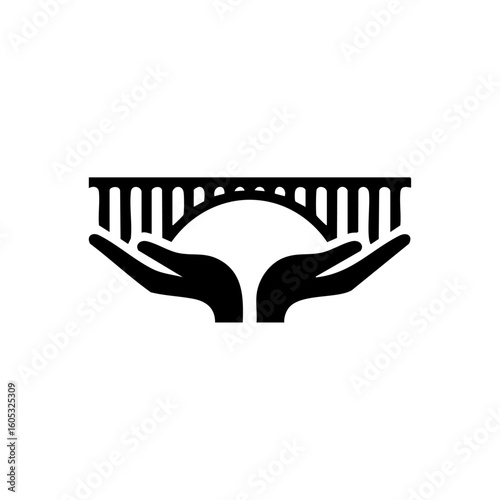 Minimalist black vector icon of a bridge supported by two hands, symbolizing connection, support, cooperation, and shared foundation.
