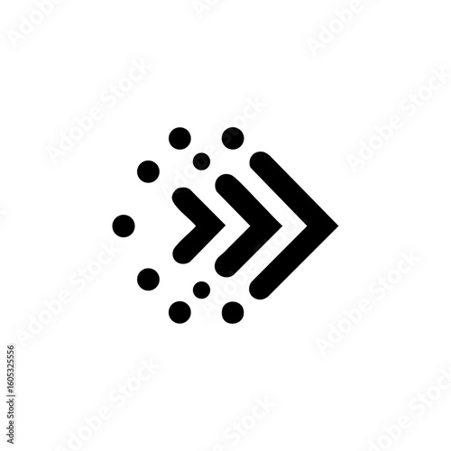 Modern vector logo showing three right-facing arrows and dispersing dots, symbolizing speed, acceleration, and dynamic digital transition.

