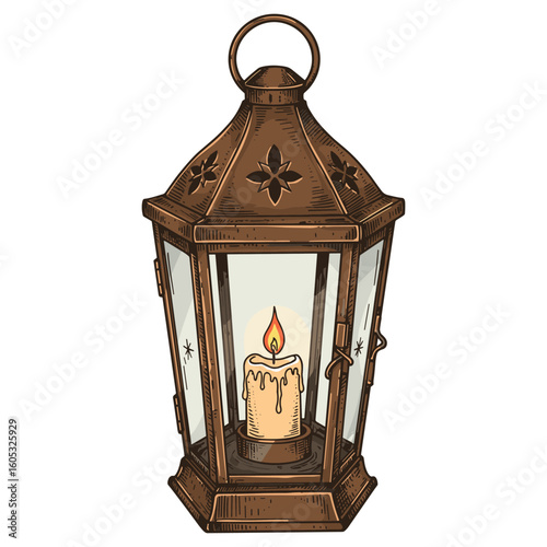 Vintage bronze lantern with lit candle and geometric glass panels. Vector illustration