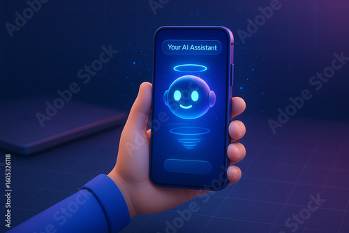 Hand holding smartphone with friendly AI assistant on screen in futuristic digital environment, representing artificial intelligence technology and virtual assistant interface

