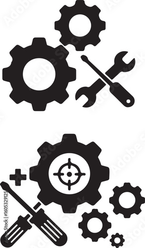 Technical Schematics Depicting Gear and Wrench Designs for Engineering Projects and Software Development Initiatives with Settings Iconography