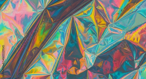 Holographic Foil Texture with Iridescent Rainbow Colours–Abstract Crumpled Shiny Background