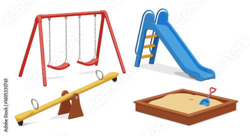 Colorful Playground Equipment Set: Swings, Slide, See-Saw, and Sandbox on a White Background