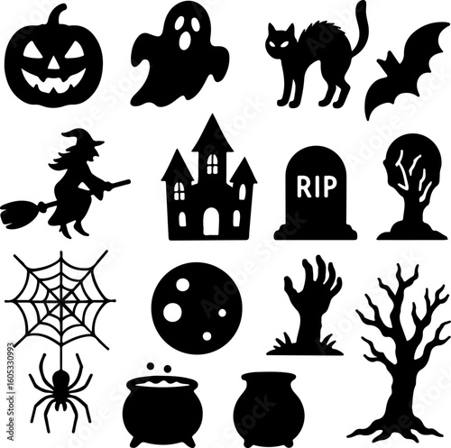 A collection of classic black halloween silhouette icons featuring a spooky pumpkin friendly ghost black cat witch haunted castle and more