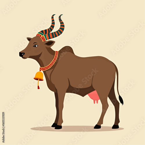 Sacred cow with bell in vector style standing on a neutral background  