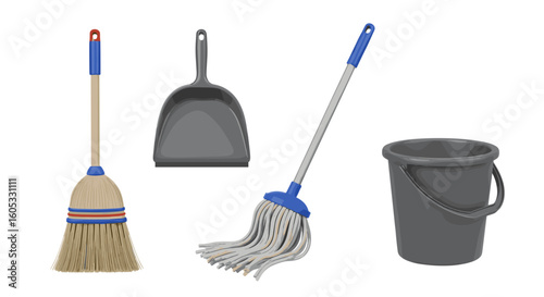 Cleaning Tools Still Life: Broom, Dustpan, Mop, and Bucket for Household Chores