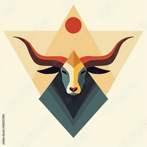 Sacred cow with bell in vector style geometric design  
