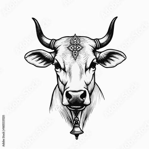 Sacred cow with bell in vector style featuring traditional ornaments  