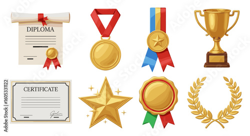 Achievement Collection: Celebrating Success with Golden Awards, Diplomas, Certificates, and Trophies for Recognition