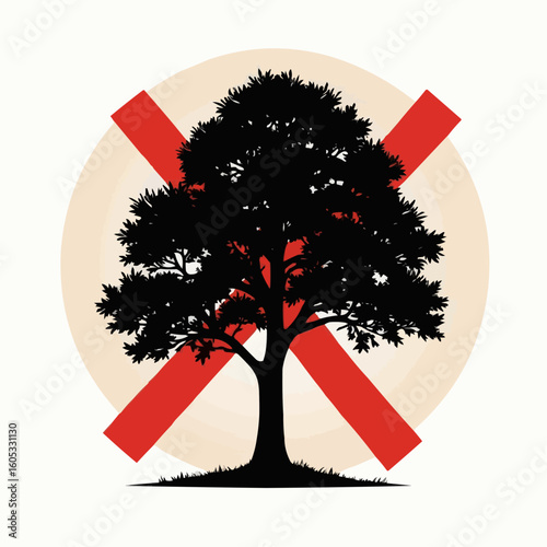 Black silhouette of tree with red prohibition symbol and background  