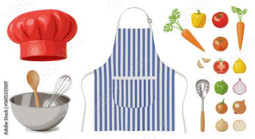 Culinary Preparation: Chef's Hat, Apron, Utensils, and Fresh Vegetables for a Delicious Meal