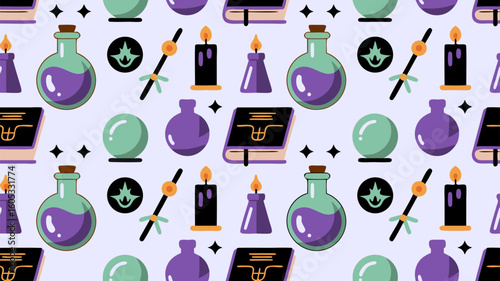 Colorful witchcraft and potion-themed pattern featuring candles, bottles, and mystical symbols in playful design