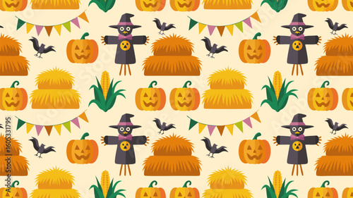 Colorful fall harvest pattern featuring scarecrows, pumpkins, hay bales, and crows in a festive arrangement
