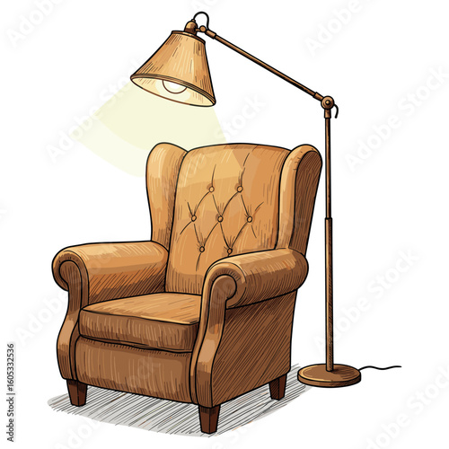 Cozy brown armchair with floor lamp. Vector illustration