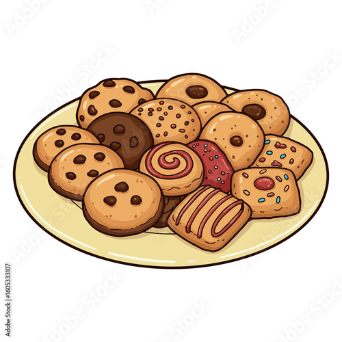 Assorted cookies on plate with chocolate and sprinkles. Vector illustration