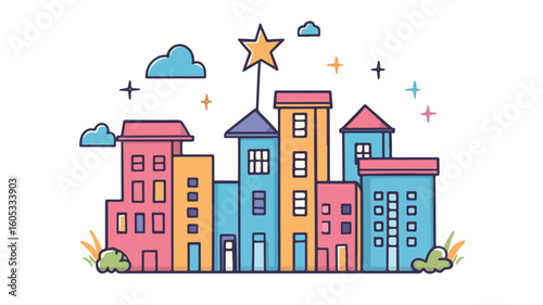 Cityscape Cartoon Drawing with Star - Urban Fantasy Illustration