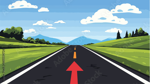 Cartoon Drawing of Road with Red Arrow Pointing