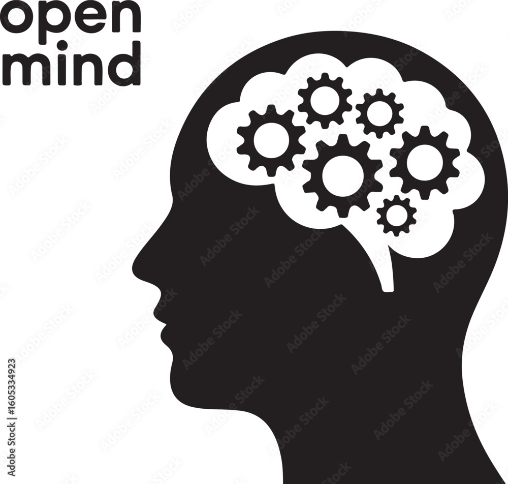 Black silhouette of a human head with gears inside the brain white profile Black silhouette of a human head with gears inside the brain white profile