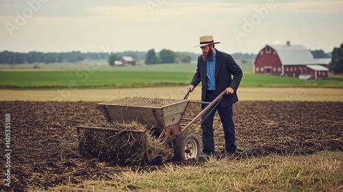 Amish Man Plowing Field With Wheelbarrow Near Red Barn And Green Landscape Under Cloudy Sky