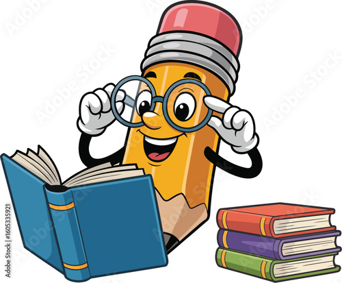 Cartoon pencil character reading books with glasses illustration for education use