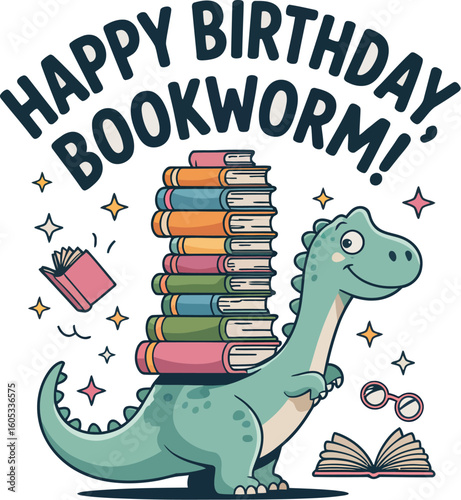Find happy birthday bookworm dinosaur illustration for kids and reading lovers party