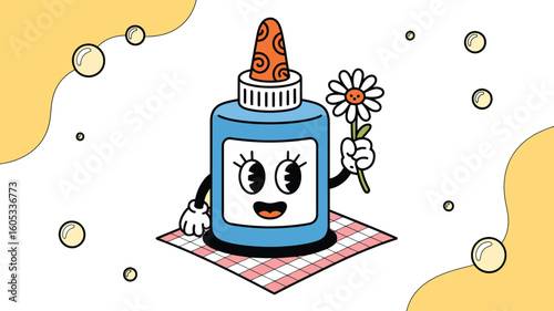 Cute glue bottle cartoon character holding flower illustration vector graphic design