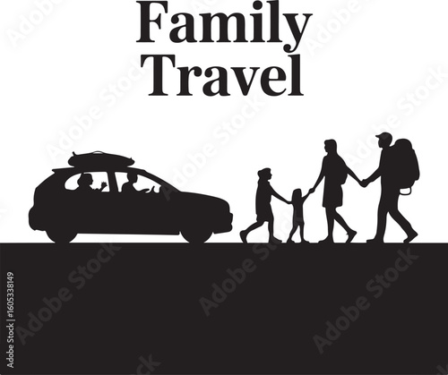 Family traveling by car and walking with backpacks journey vacation