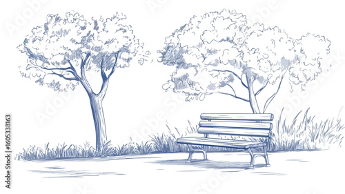 Scenic Park Bench and Trees Illustration: Serene Nature Landscape Drawing