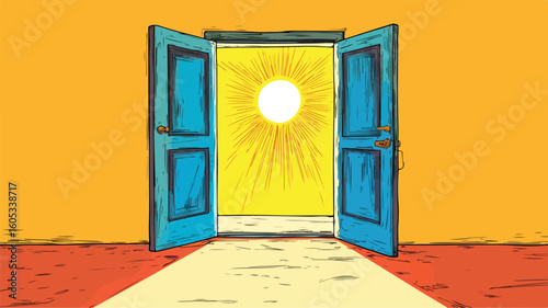 Unique Drawing of Open Door with Sunlight - Creative Concept for Design Projects