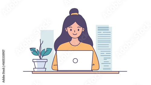 Professional Woman Working on Laptop at Office Desk Illustration