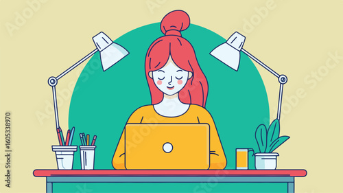 Professional Woman Working on Laptop at Office Desk Illustration