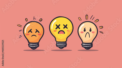 Lightbulb with Joyful and Sad Faces Illustration for Emotions and Ideas