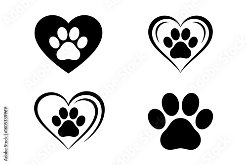 Black paw prints within hearts white animal