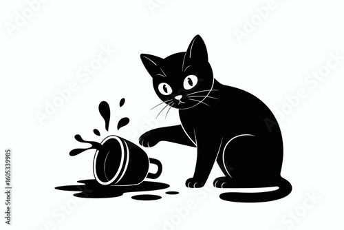 Black cat spills coffee cup spilled coffee liquid splash